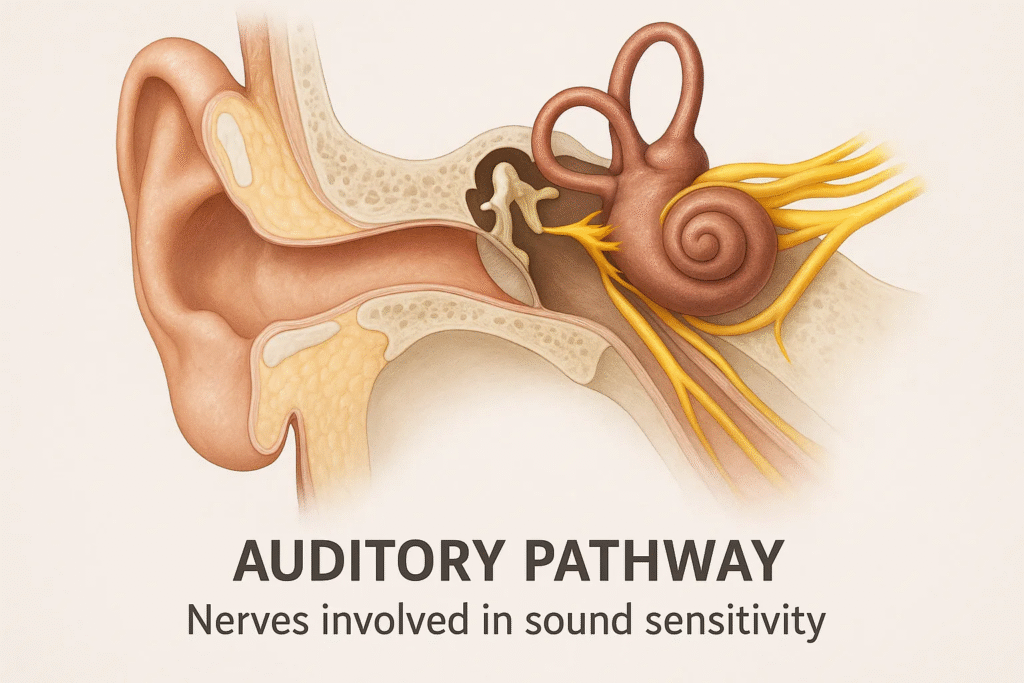Illustration of the inner ears auditory pathway highlighting nerve areas involved in sound sensitivity by Ascent ENT Speciality Centre.